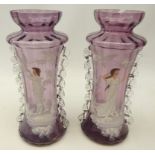 Pair Mary Gregory style amethyst glass vases with frill edge,