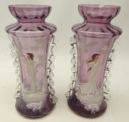 Pair Mary Gregory style amethyst glass vases with frill edge,