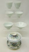 Six Chinese Celadon tea bowls, varying shapes and another with cover and saucer,