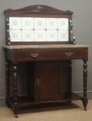 Edwardian washstand with marble top, raised and shaped tiled back, single drawer,