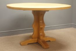 Circular oak dining table, shaped cruciform central column on four block feet, Diameter - 119cm,