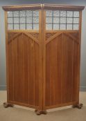 Arts & Crafts oak two panel screen, projecting cornice, egg and dart frieze,