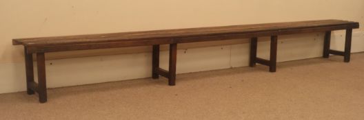 Mid 20th century wooden school style bench, W356cm, H41cm,