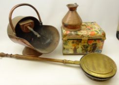 19th century copper helmet shaped coal scuttle, brass warming pan,