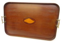 Edwardian mahogany oblong tea tray, two handled with central shell inlay,