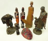 Three Maasai Soul Journey figures, two African carved figures,