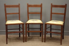 Set three Edwardian style inlaid mahogany bedroom chairs, upholstered seat with floral pattern,