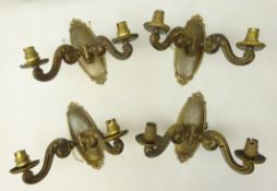 Four brass twin scroll branched electrical wall sconce lights