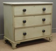 19th century painted chest, three drawers, bracket supports, W94cm, H84cm,