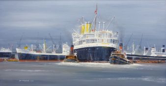 'Shipping in London Docks', oil on board signed and dated 2000 by Bill Wedgwood,