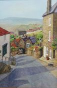 Robin Hoods Bay Bank, 20th century oil on board signed and dated '95 by Val Mennell 59.5cm x 39.