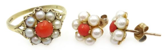 9ct gold coral and pearl cluster ring and pair of matching stud ear-rings hallmarked