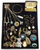 Two 9ct gold chain necklaces with gold-plated lockets, seed pearl bar brooch,