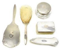 Cut glass powder bowl with silver top and four silver backed dressing table items