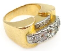 Heavy 18ct gold (tested) ring, set with five old cut diamonds,