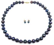 Single strand blue/grey pearl necklace with gold clasp stamped 14K and a similar pair ear-rings