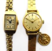 Omega gold-plated wristwatch on hallmarked 9ct gold bracelet with 9ct gold St Christopher pendant,