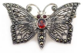 Silver marcasite and garnet butterfly brooch,