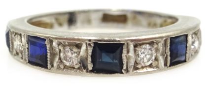 Sapphire and diamond half eternity white gold ring stamped 18ct
