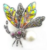 Plique-a-jour, marcasite, pearl and stone set flying insect silver brooch,