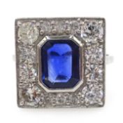 Art Deco style diamond and sapphire white gold ring,