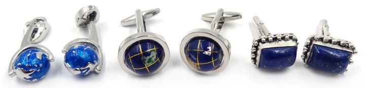 Pair of lapis lazuli cuff-links and two pairs of globe cuff-links