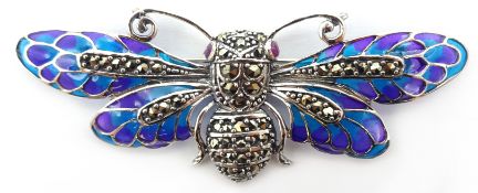 Plique-a-jour, marcasite and stone set silver butterfly pendant/brooch,