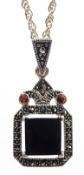 Silver black onyx, marcasite and garnet pendant necklace,