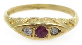 Three stone ruby and diamond gold ring, hallmarked 9ct Condition Report Size L,