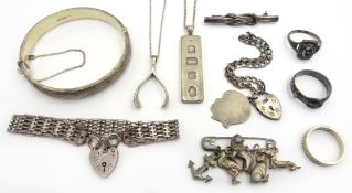 Silver bracelets, rings, ingot necklace, charms,