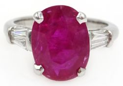 18ct white gold oval ruby and tapered diamond ring, ruby 4.