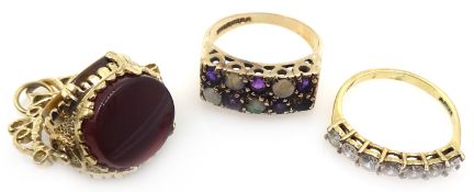 9ct gold hardstone swivel fob and two stone set 9ct gold rings