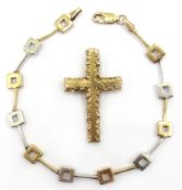 White and yellow gold square link bracelet and a cross pendant both hallmarked 9ct approx 9gm