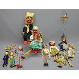 Ten puppets with wooden or composition heads including Mexican gunslinger and girl, two clowns,