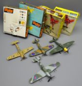 Four Dinky die-cast models of WW2 aeroplanes: Spitfire Mk II No.719, Junkers Ju87B Stuka No.