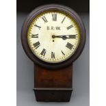 G.W.R drop dial wall clock, white painted circular metal Roman dial later painted B.R-W.