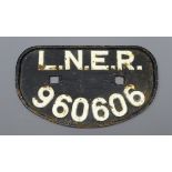 1930s/ 40s L.N.E.R cast iron D shaped Wagon Plate, No.960606, W28cm, H16.