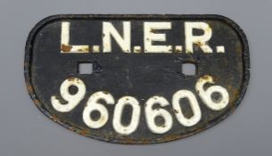 1930s/ 40s L.N.E.R cast iron D shaped Wagon Plate, No.960606, W28cm, H16.