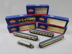 Four Bachmann 'OO' gauge Pullman umber and cream coaches: First Kitchen 'Falcon',