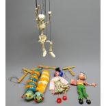 Five Pelham Puppets: Skeleton, two plush covered caterpillars and a boy and girl,