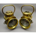 Pair of Powell & Hamner brass oil Motor Sidelamps, the drum bodies with side brackets,