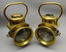 Pair of Powell & Hamner brass oil Motor Sidelamps, the drum bodies with side brackets,