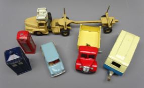 Six Dinky die-cast models: Streamline Caravan No.190, French made Pipeline Transporter No.