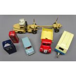 Six Dinky die-cast models: Streamline Caravan No.190, French made Pipeline Transporter No.