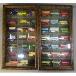 Pair of stained wooden wall mounting die-cast display cabinets each with carved frame and pair of