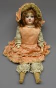 Bisque shoulder head doll with applied hair, sleeping eyes,