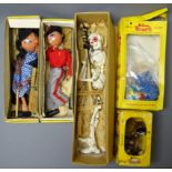 Five Pelham Puppets: Skeleton in brown box with paper label, Fritzi soldier,