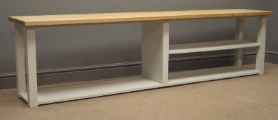 Oak top bench, with painted under tier of shelves and storage, W210cm, H55cm,