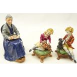 Royal Doulton figure 'The Cup of Tea' and a pair of Capodimonte figures of a girl and boy seated