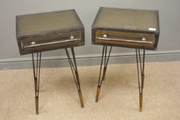 Pair industrial style bedside cabinets, single drawer, hairpin legs, brass cone feet, H69cm, W41cm,